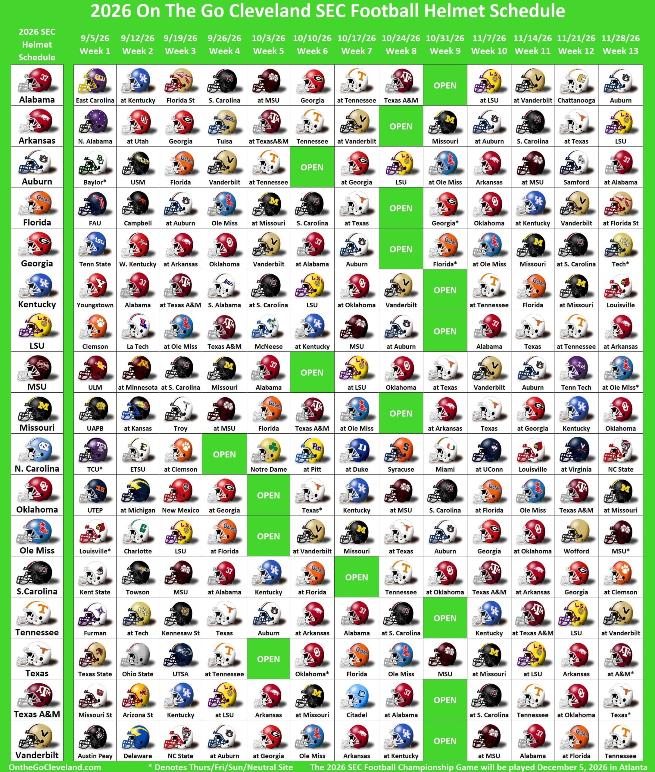 2026 SEC Football Helmet Schedule On the Go Cleveland